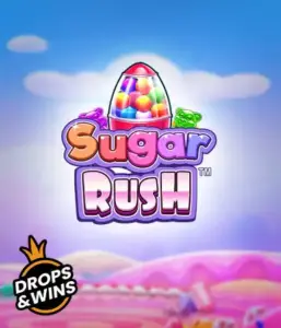 Изображение игрового автомата Sugar Rush от Pragmatic Play, показывающее разноцветный мир конфет и сладостей. На переднем плане видны символы в виде конфет и желейных мишек, окруженные яркой атмосферой. В верхней части расположен логотип игры Sugar Rush, подчеркивающий тематику слота.